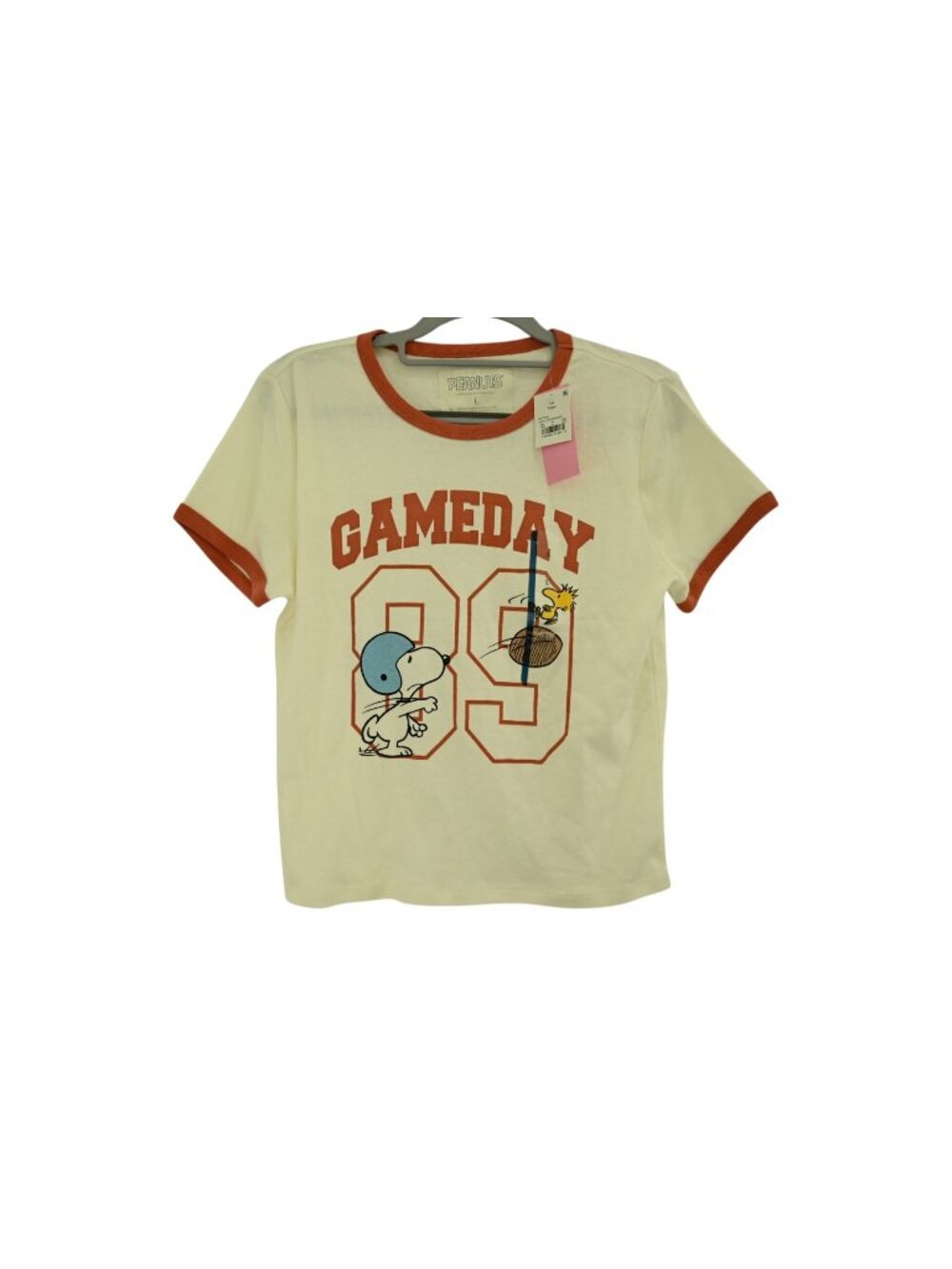 NWT Peanuts Snoopy Gameday 89 Ringer Crop Tee Sz L Cream Woodstock Football